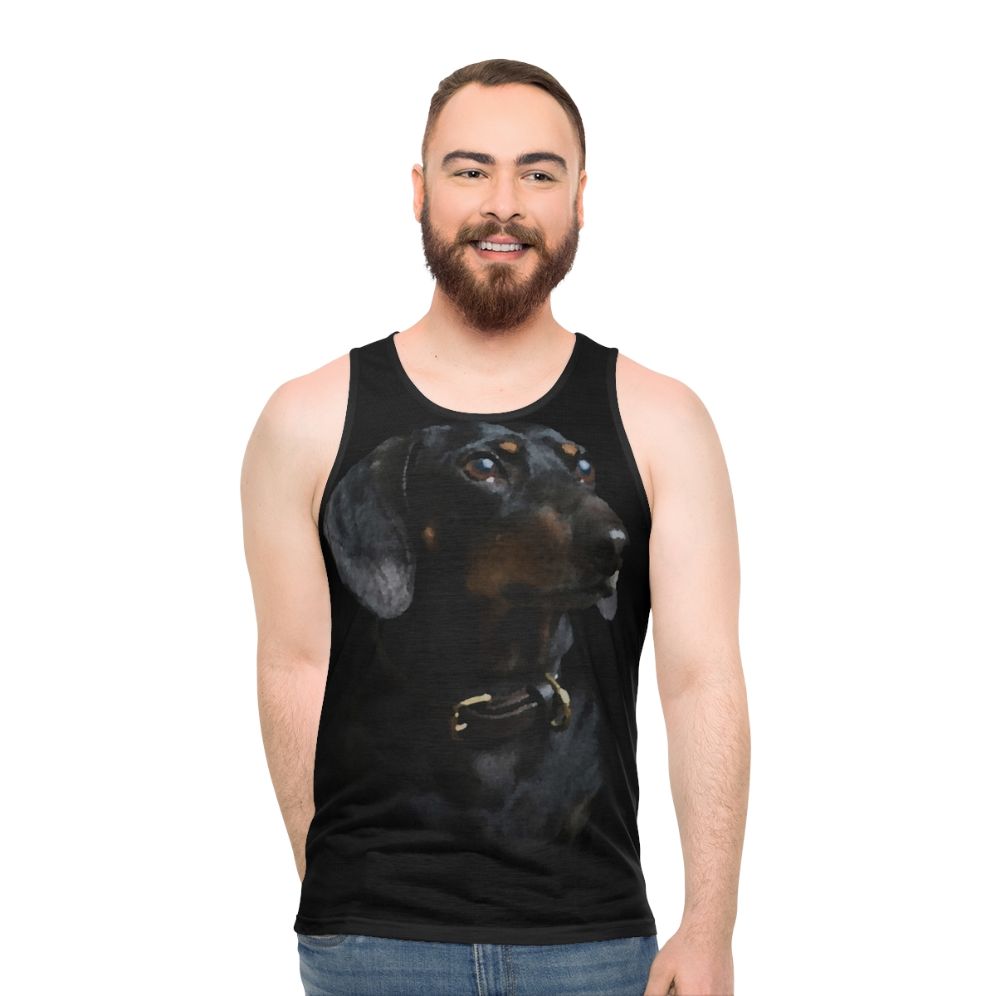 Dachshund digital watercolor portrait on unisex tank top