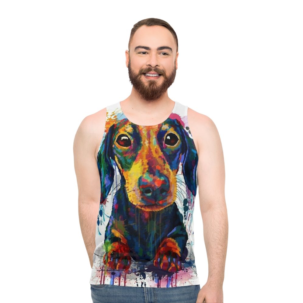 Dachshund dog art printed on a unisex tank top
