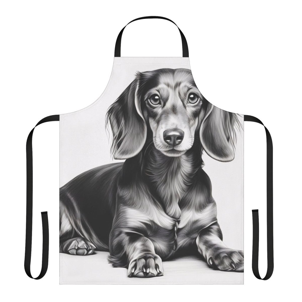 A black and white pencil sketch of a dachshund dog lying down, printed on a white kitchen apron.