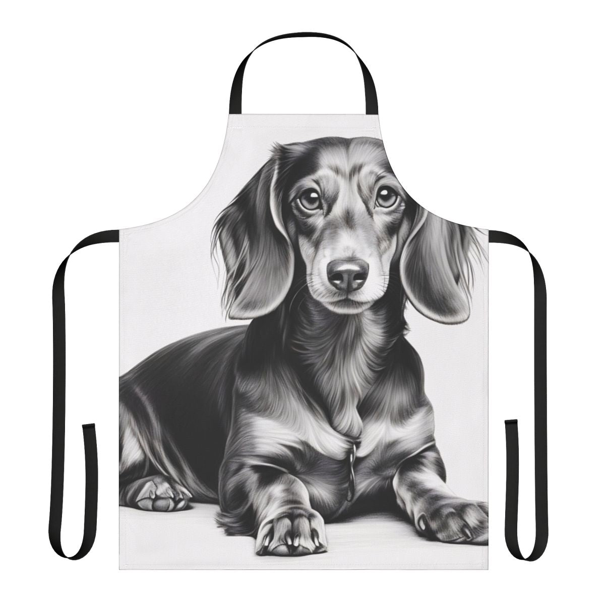A black and white pencil sketch of a dachshund dog lying down, printed on a white kitchen apron.