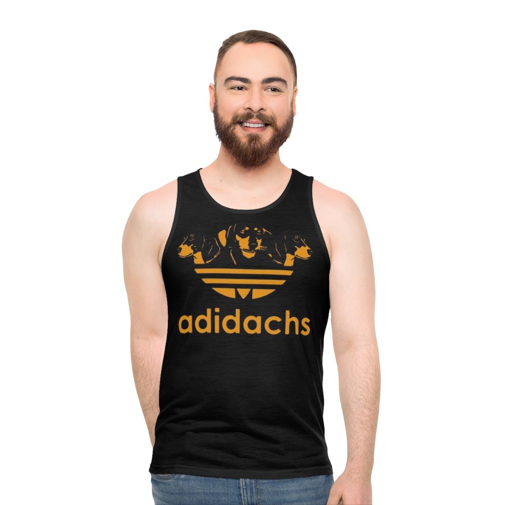 Dachshund dog printed on a white unisex tank top