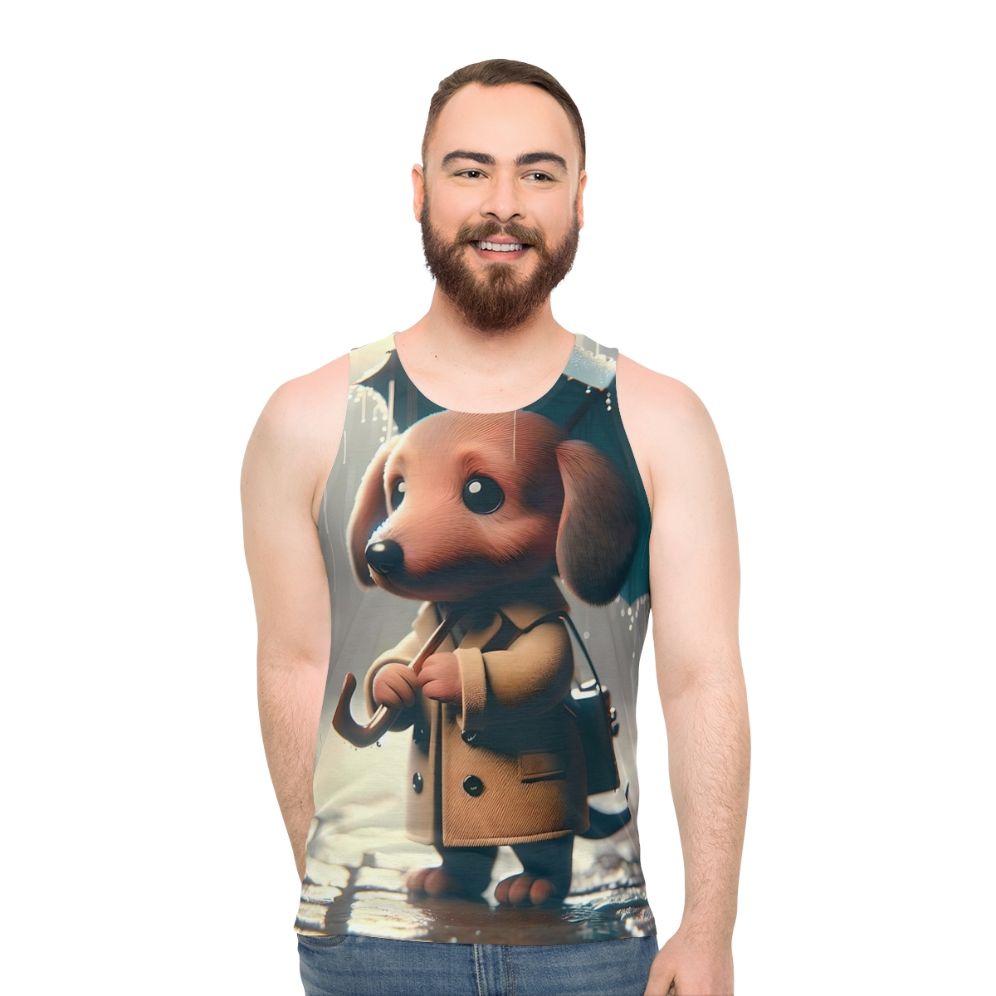 Dachshund in the rain unisex tank top
