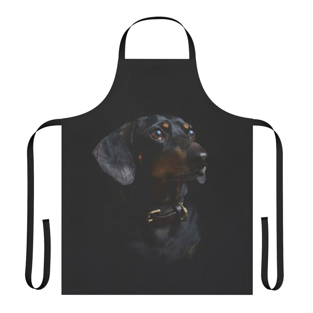 A digital watercolor illustration of a brown and black dachshund on an apron.