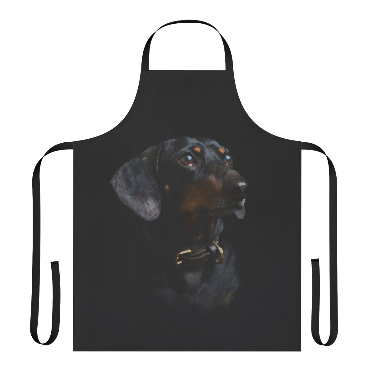 A digital watercolor illustration of a brown and black dachshund on an apron.