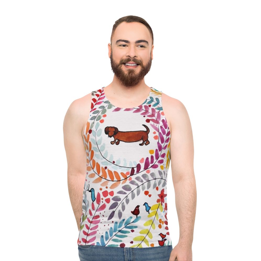 Dachshund-themed unisex tank top with colorful floral and bird pattern