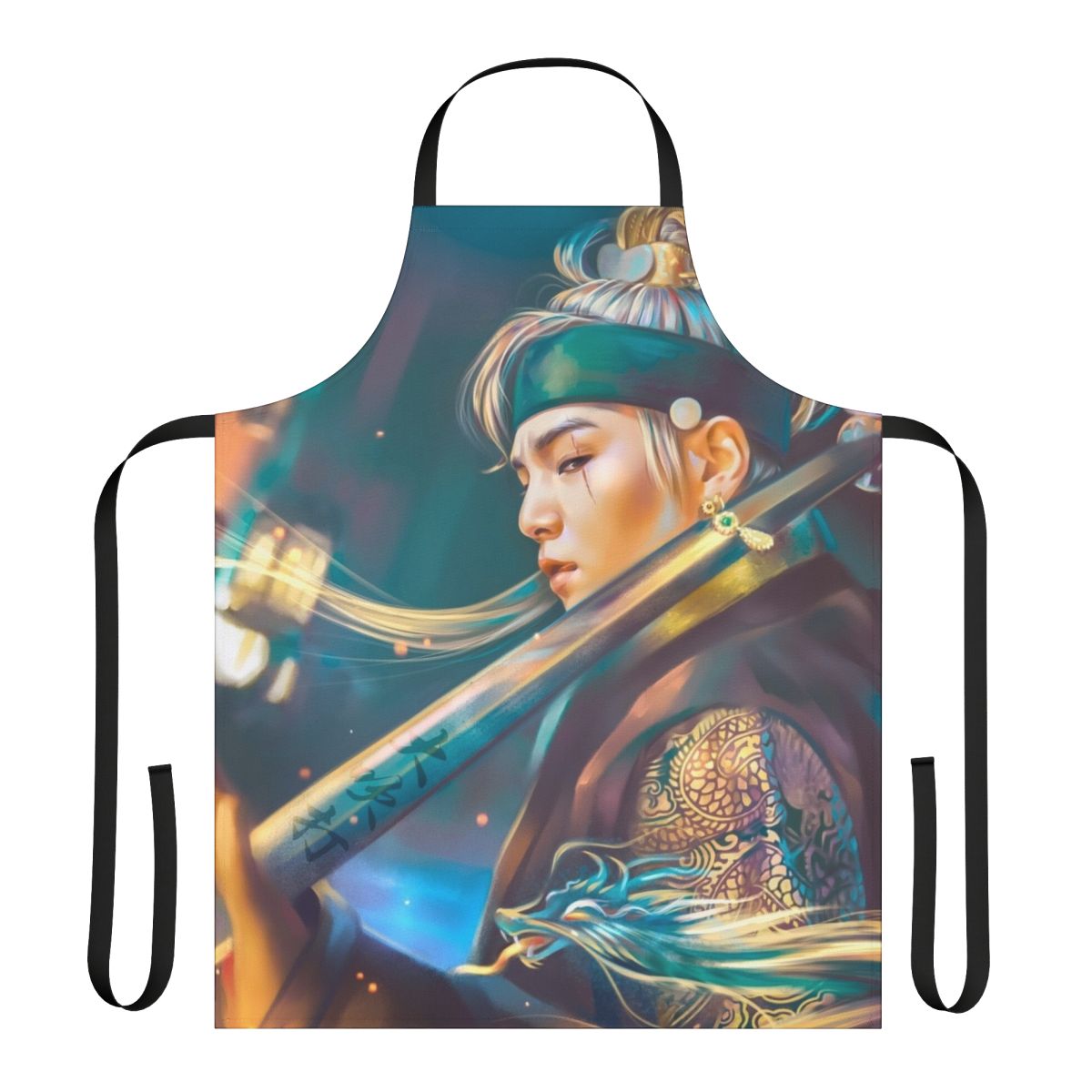 Daechwita-inspired apron featuring Agust D artwork with a dragon and sword.