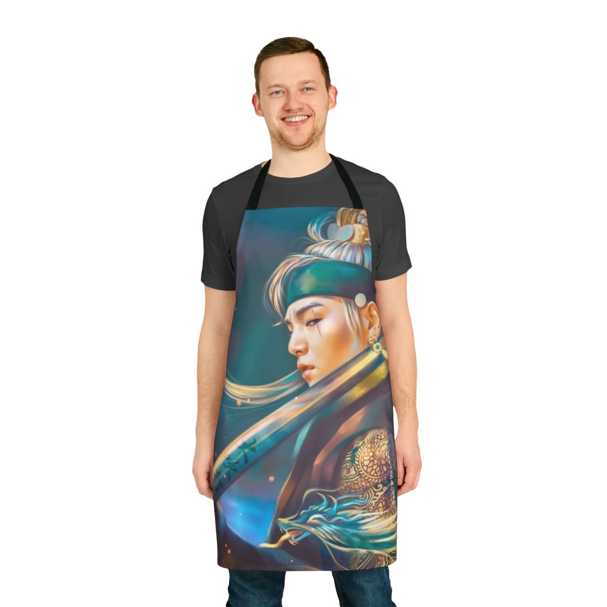 Daechwita-inspired apron featuring Agust D artwork with a dragon and sword.