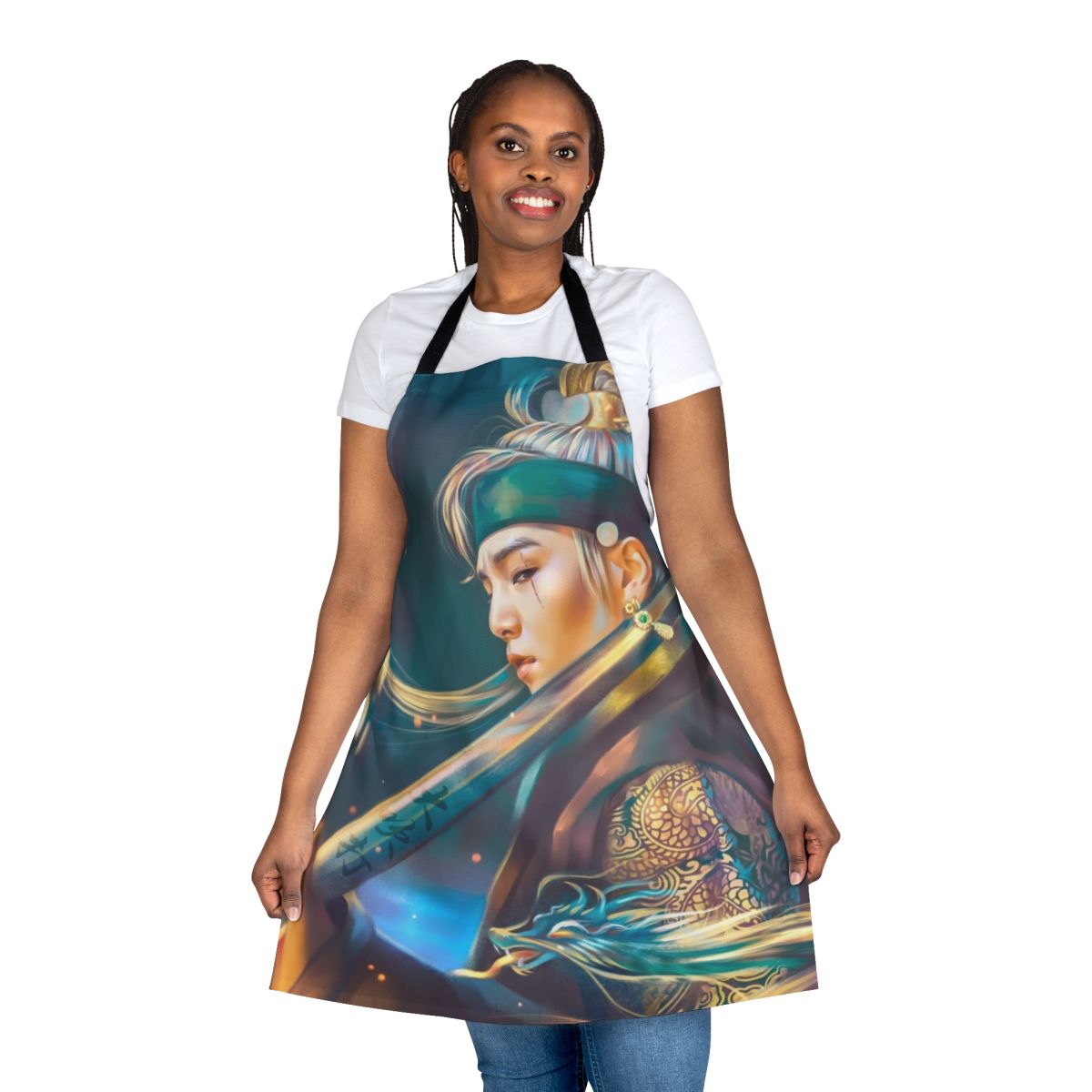 Daechwita-inspired apron featuring Agust D artwork with a dragon and sword.