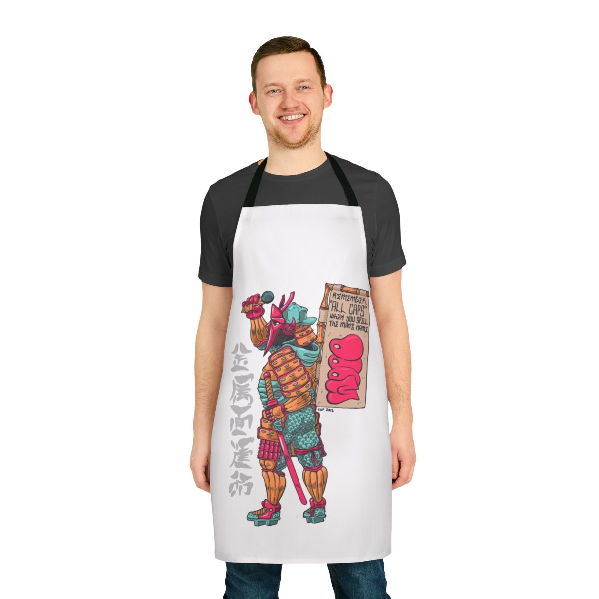 Daimyo-themed apron featuring anime-style illustrations and Japanese cultural elements
