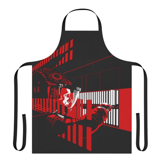 A vibrant, red apron featuring the iconic Daisy from the film 2001: A Space Odyssey