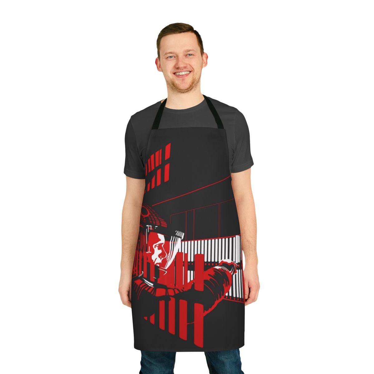 A vibrant, red apron featuring the iconic Daisy from the film 2001: A Space Odyssey