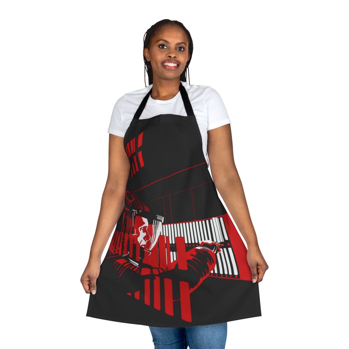A vibrant, red apron featuring the iconic Daisy from the film 2001: A Space Odyssey