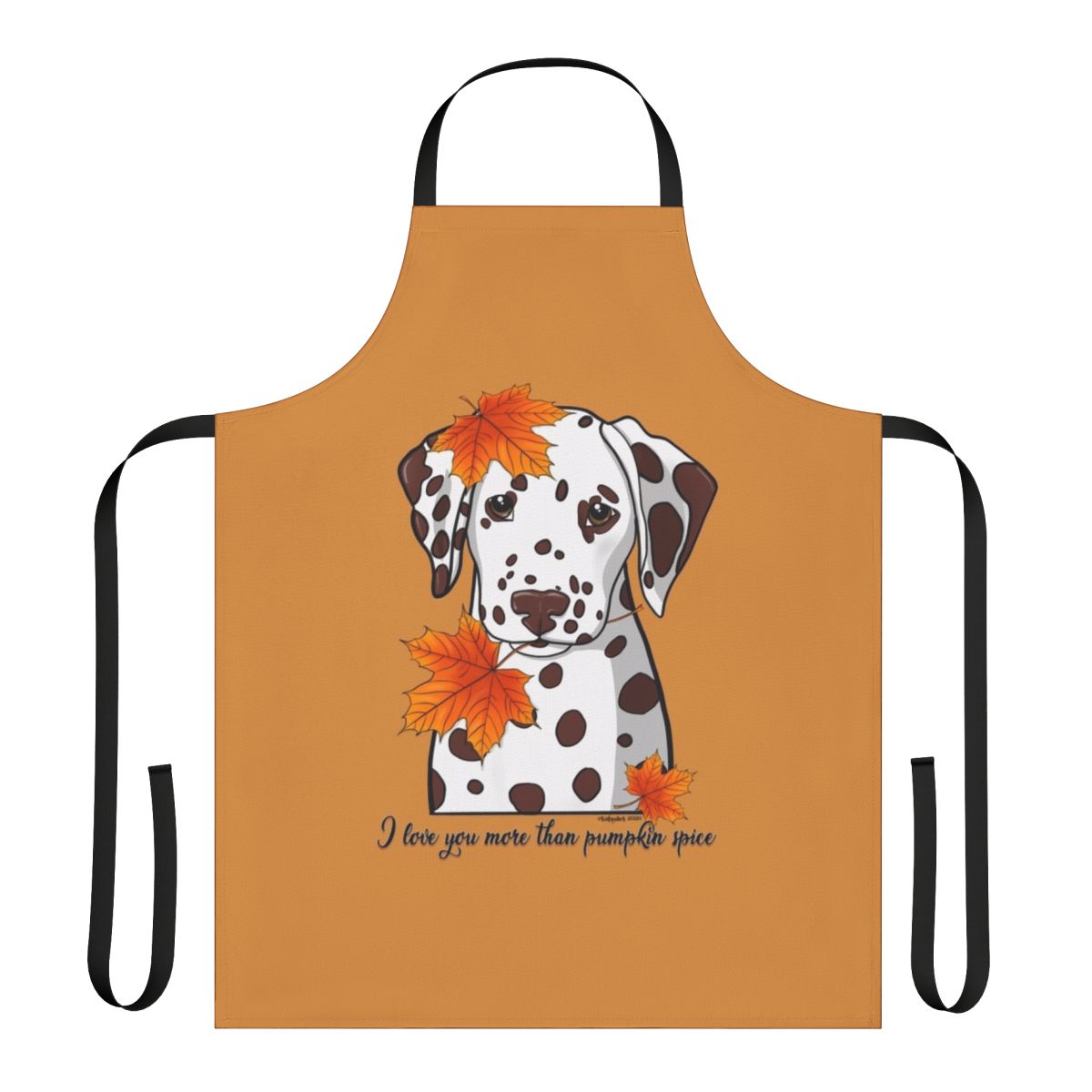 A white and black dalmatian dog wearing an apron with fall leaves and pumpkin spice designs.