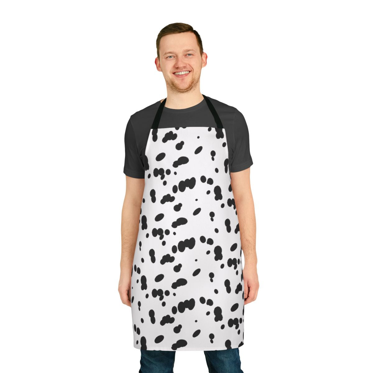 Dalmatian-inspired apron with a dog fur pattern of black spots