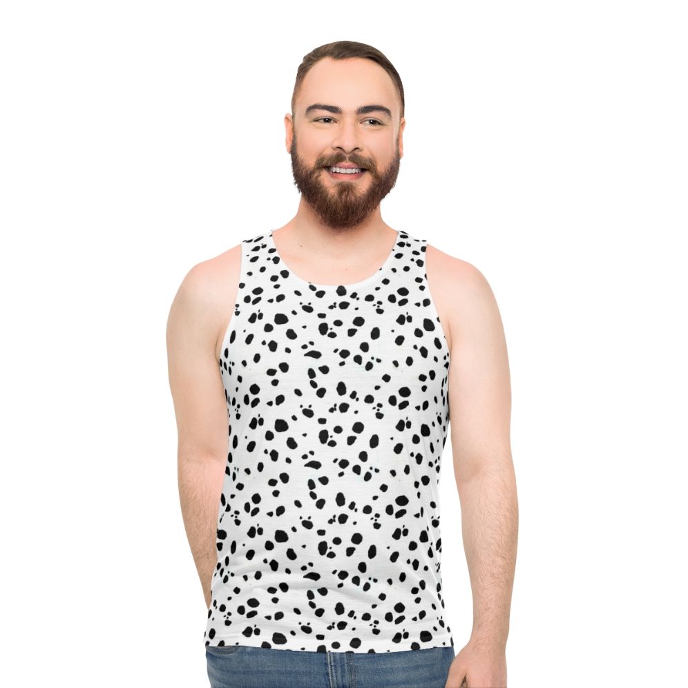 Dalmatian-inspired unisex tank top with a repetitive spotted pattern
