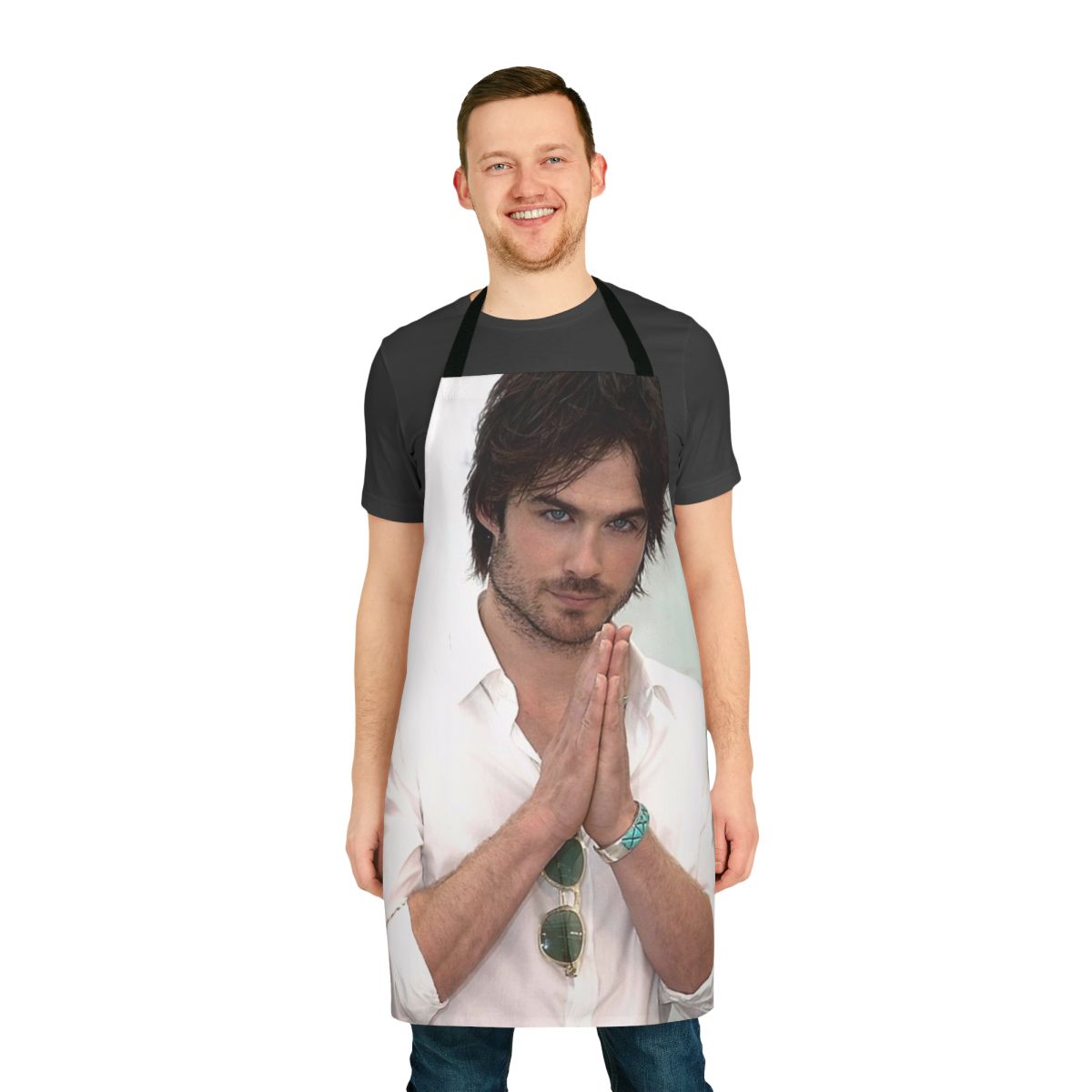 Stylish apron featuring a graphic design of Ian Somerhalder as Damon Salvatore from the TV show The Vampire Diaries
