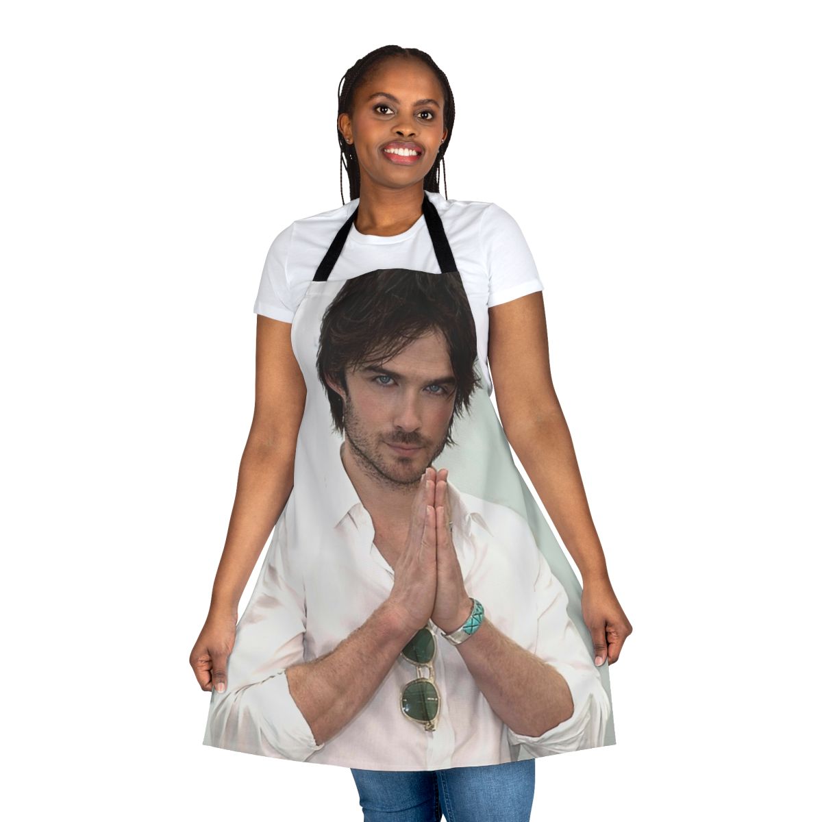 Stylish apron featuring a graphic design of Ian Somerhalder as Damon Salvatore from the TV show The Vampire Diaries