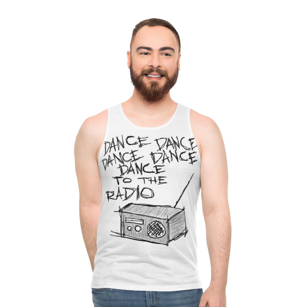 Unisex dance music tribute tank top featuring New Order and Joy Division