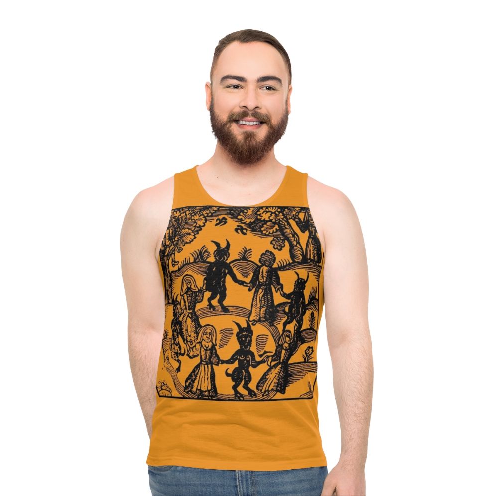 A unisex tank top with a gothic, occult-inspired skeleton dancing design