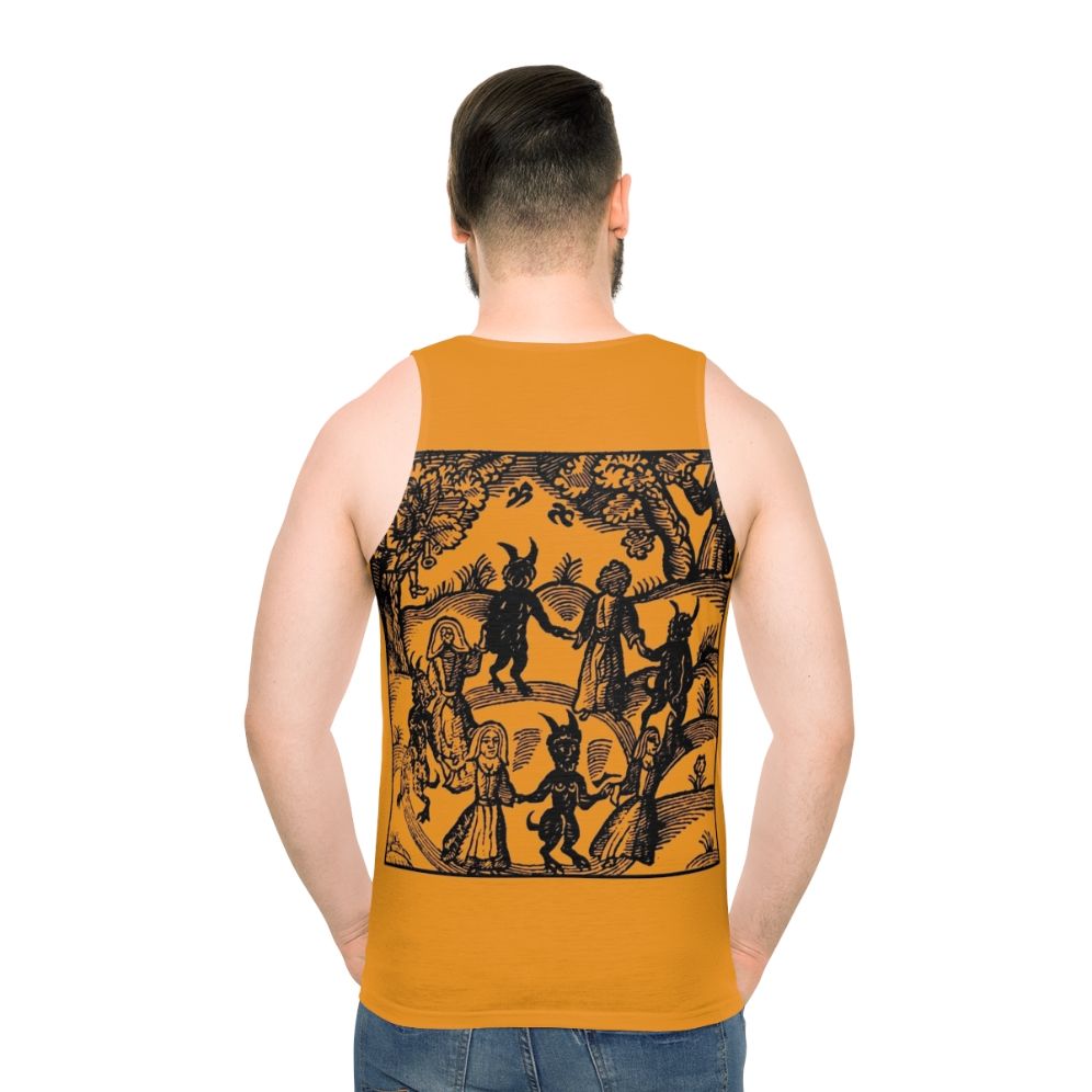 A unisex tank top with a gothic, occult-inspired skeleton dancing design