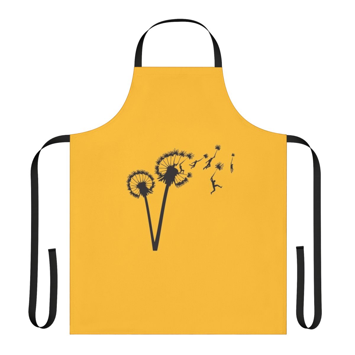 Dandelion people silhouette flying in a vintage inspired nature design on a black and yellow apron.