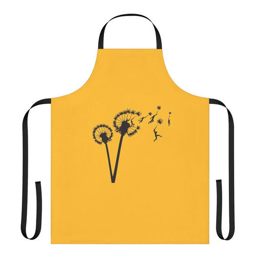 Dandelion people silhouette flying in a vintage inspired nature design on a black and yellow apron.