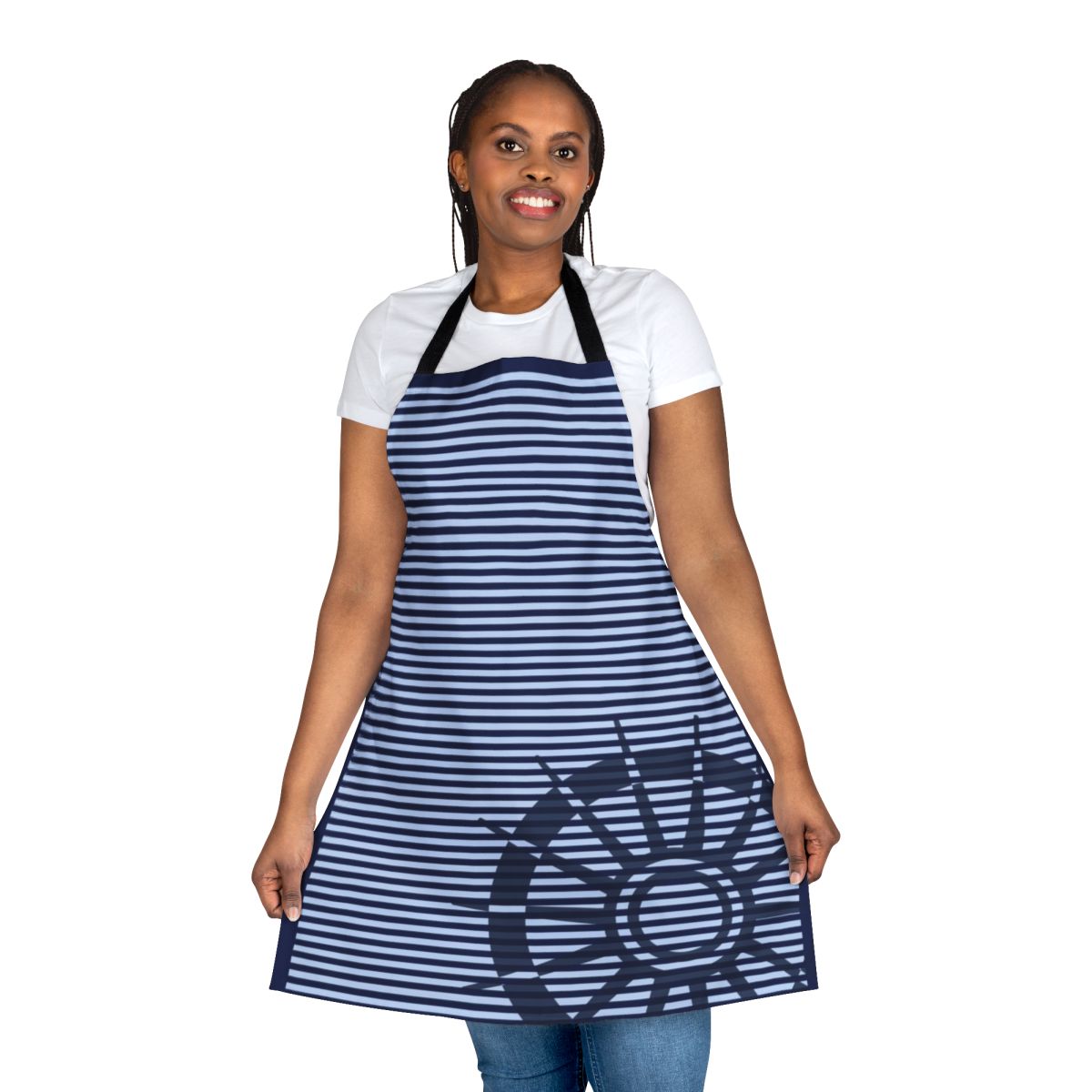 Danganronpa V3 inspired anime apron featuring Rantaro Amami character design in blue and navy colors