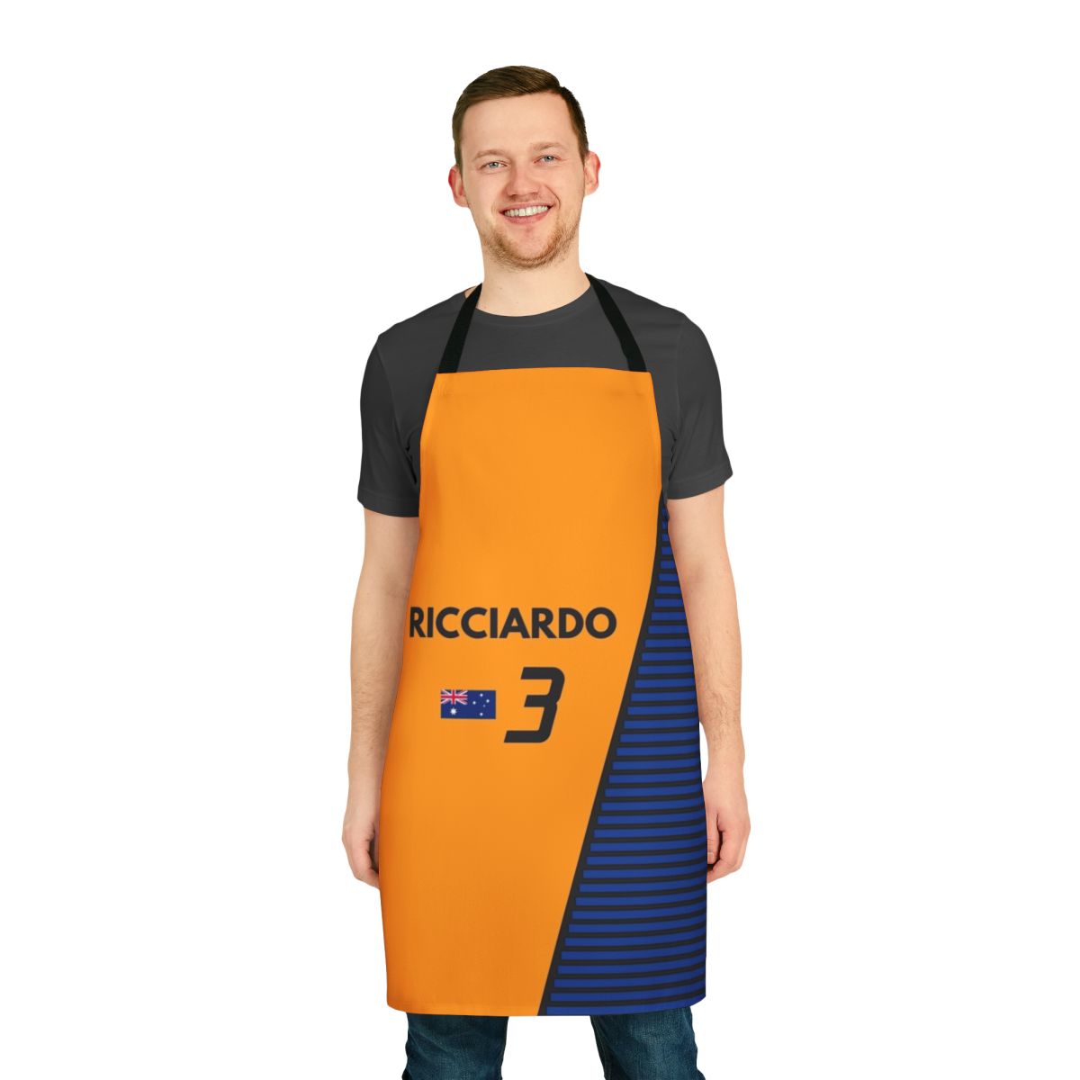 Motorsport-themed apron featuring the colours and design of Australian Formula One driver Daniel Ricciardo