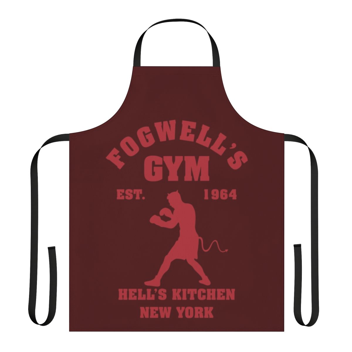 Daredevil-themed apron featuring the Fogwell's Gym logo and design elements
