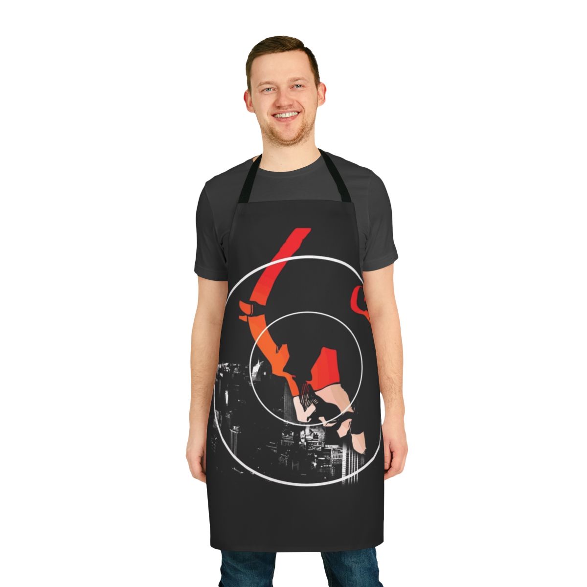 Daredevil-themed apron with horns and flame design