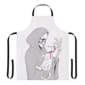 Illustration of a grim reaper figure holding a playful kitten, printed on a kitchen apron