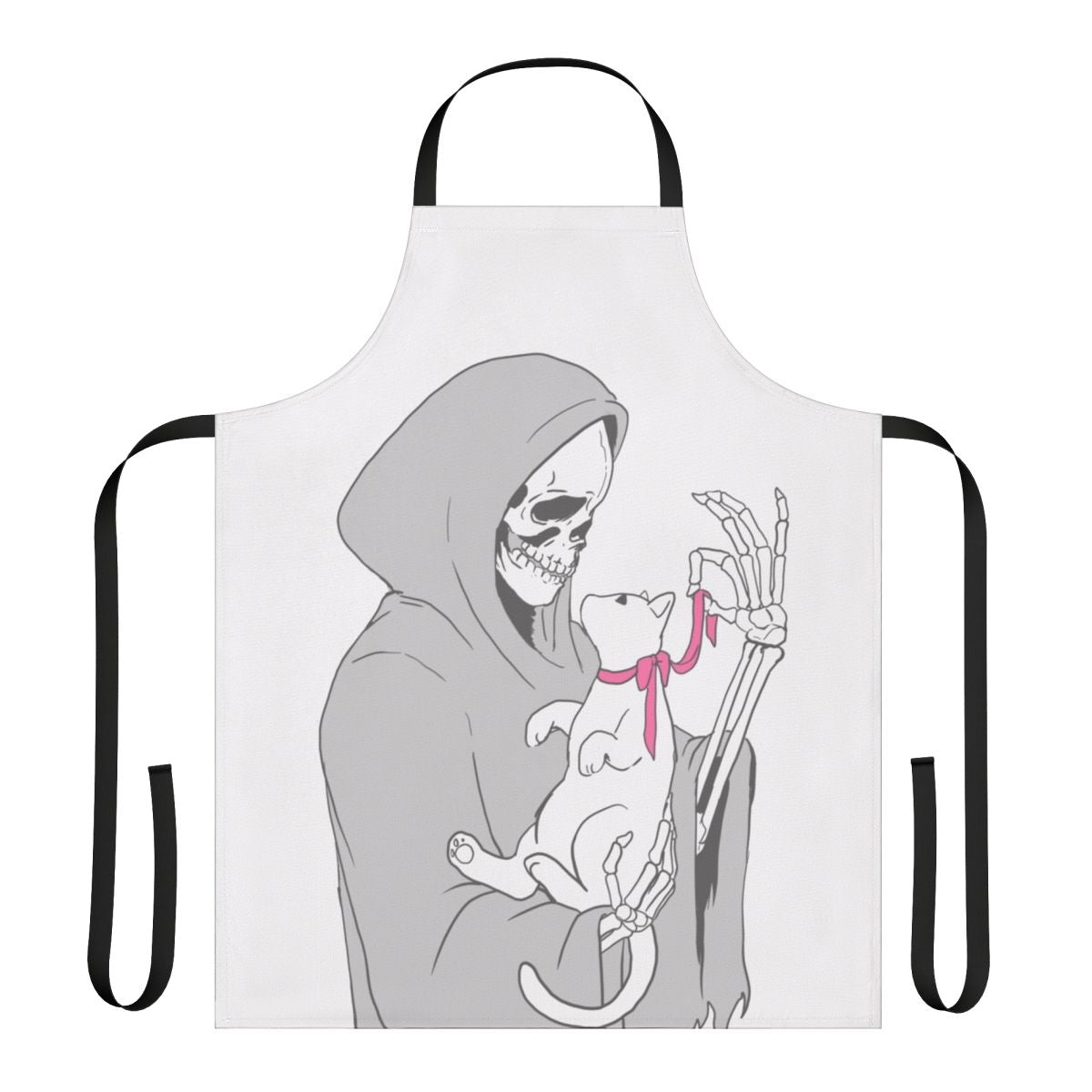 Illustration of a grim reaper figure holding a playful kitten, printed on a kitchen apron