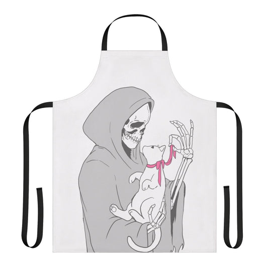 Illustration of a grim reaper figure holding a playful kitten, printed on a kitchen apron