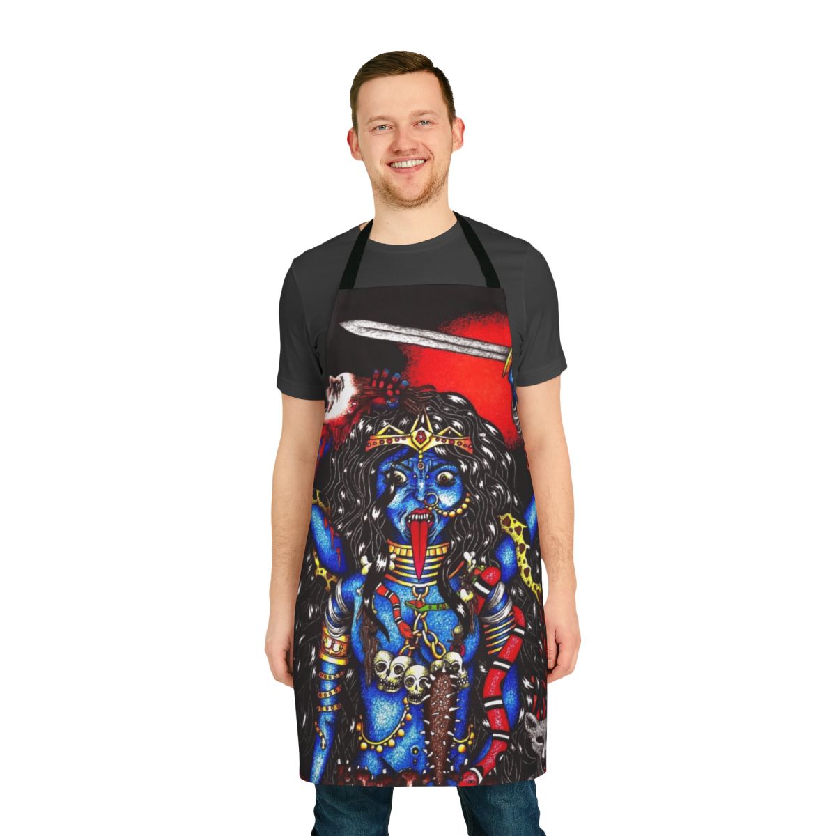 Black apron featuring Kali Ma, the Hindu goddess of death and destruction