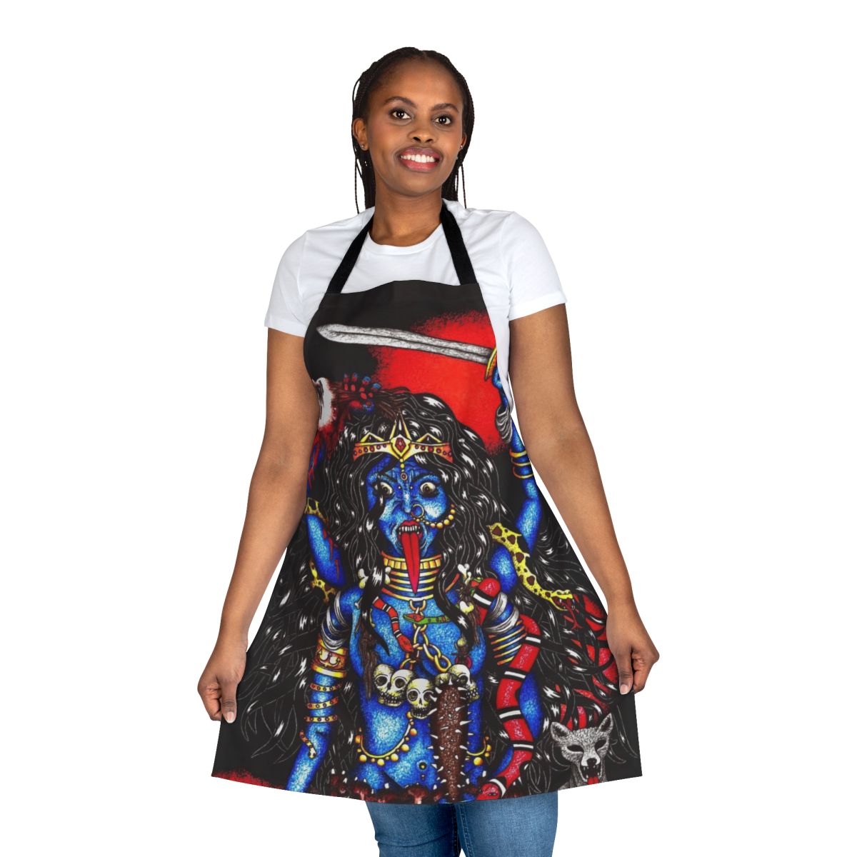 Black apron featuring Kali Ma, the Hindu goddess of death and destruction
