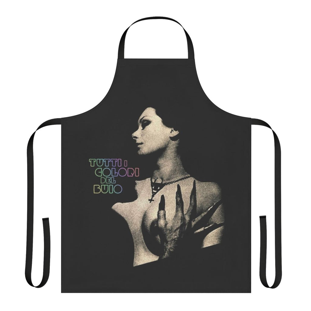 Dark apron with bold, vibrant colors inspired by the Italian Giallo horror film genre