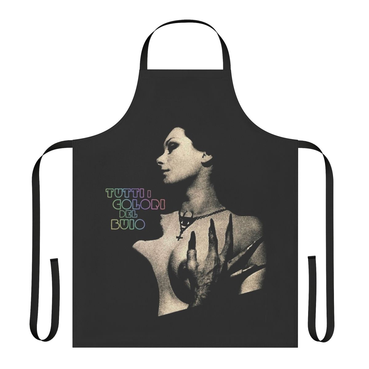 Dark apron with bold, vibrant colors inspired by the Italian Giallo horror film genre
