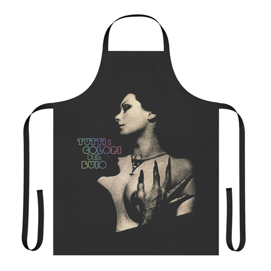 Dark apron with bold, vibrant colors inspired by the Italian Giallo horror film genre