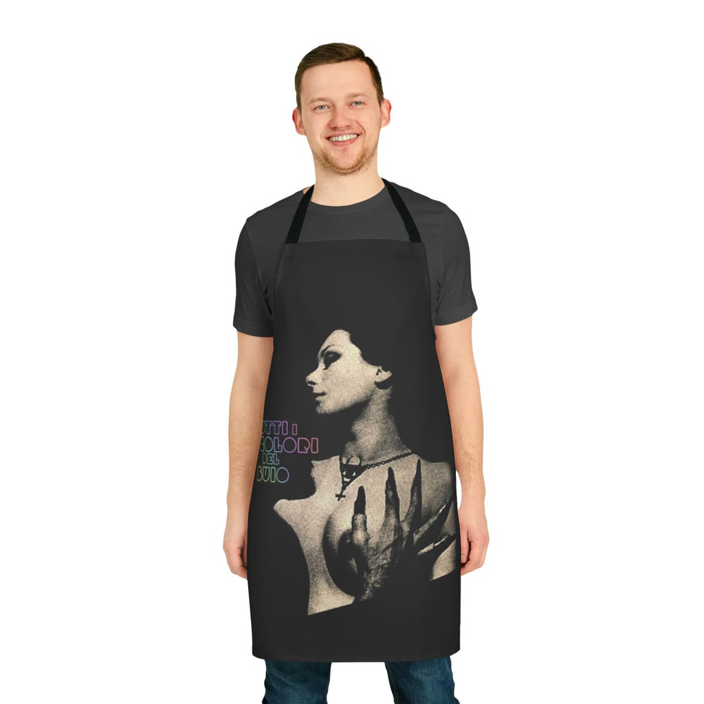 Dark apron with bold, vibrant colors inspired by the Italian Giallo horror film genre