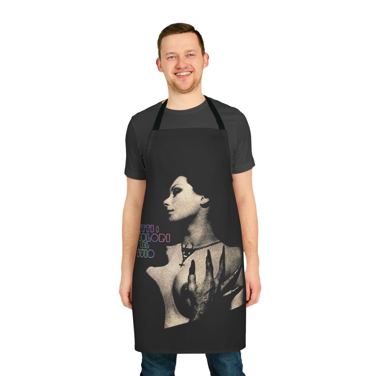 Dark apron with bold, vibrant colors inspired by the Italian Giallo horror film genre