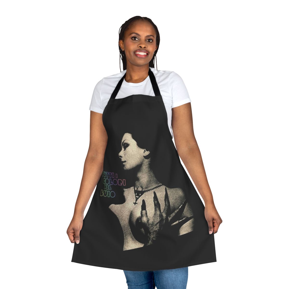 Dark apron with bold, vibrant colors inspired by the Italian Giallo horror film genre