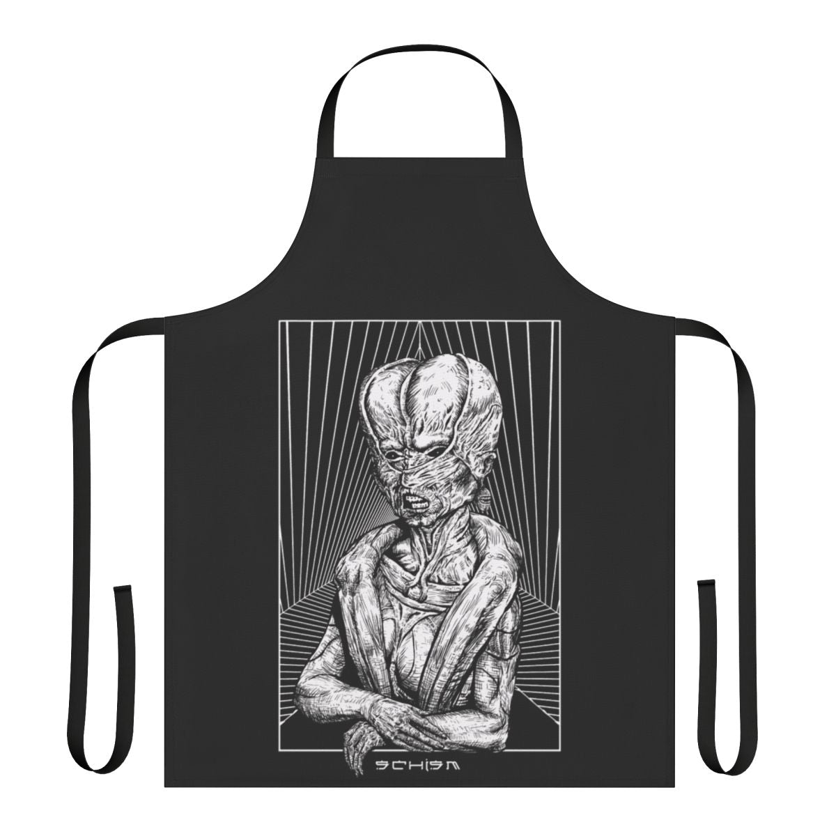 Black and white apron featuring dark, gothic, and occult art design