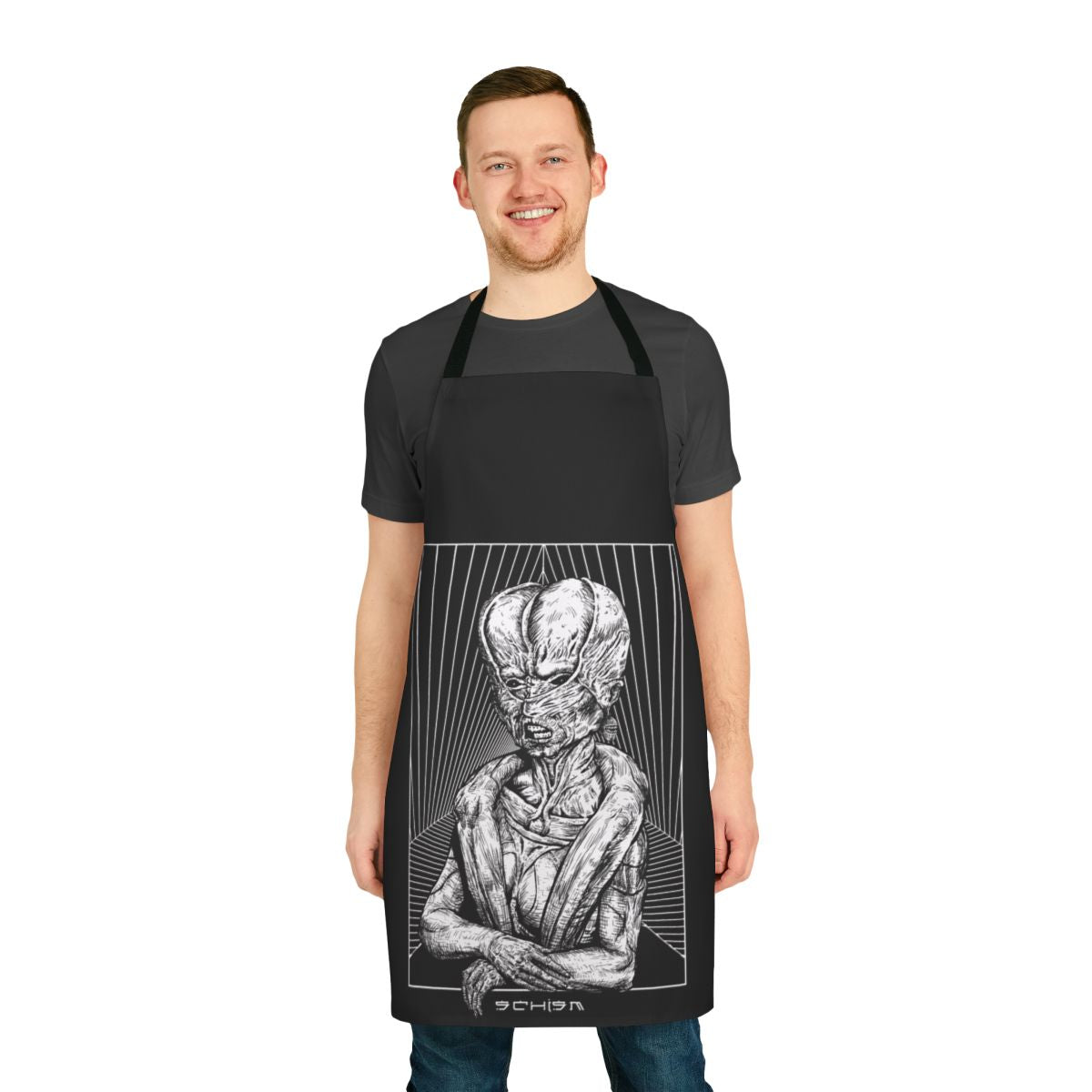Black and white apron featuring dark, gothic, and occult art design