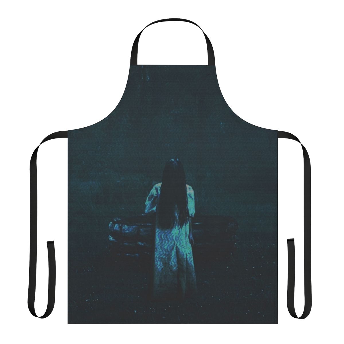 Dark blue apron with a ring design, perfect for horror movie enthusiasts