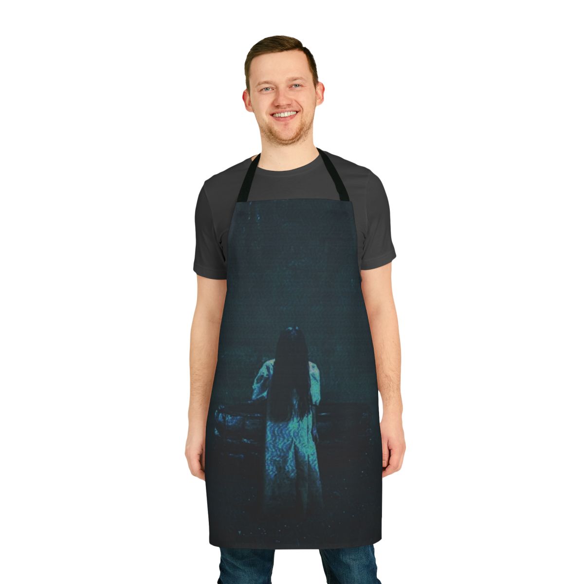 Dark blue apron with a ring design, perfect for horror movie enthusiasts