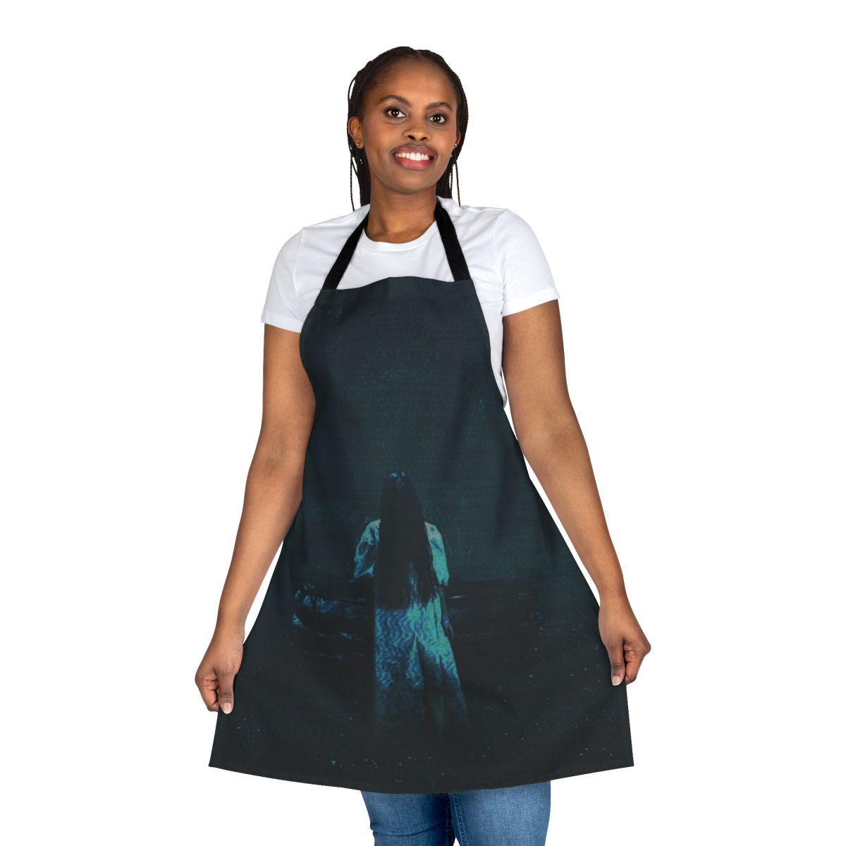 Dark blue apron with a ring design, perfect for horror movie enthusiasts