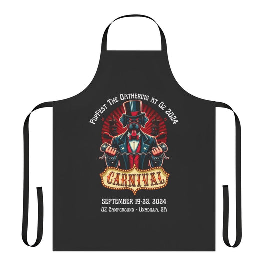 A dark, carnival-themed apron with a playful puppy design, perfect for Pupfest events.