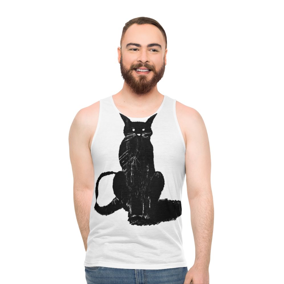 Dark cat graphic on a unisex tank top
