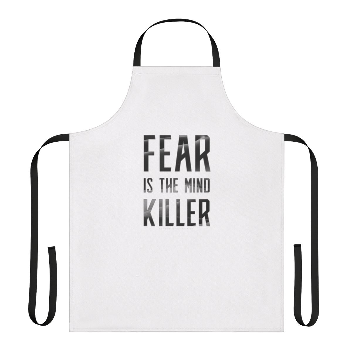 Dark apron featuring Dune-inspired design with "Fear is the Mind Killer" text.