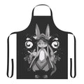 "Dark fantasy apron with anime-inspired monochrome design, featuring splatters, stains, and ink elements inspired by the 'Made in Abyss' series."